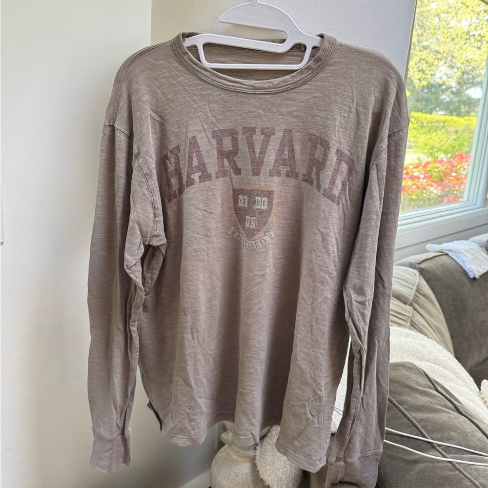 Harvard Vintage-Style Long Sleeve Tee in Faded Taupe